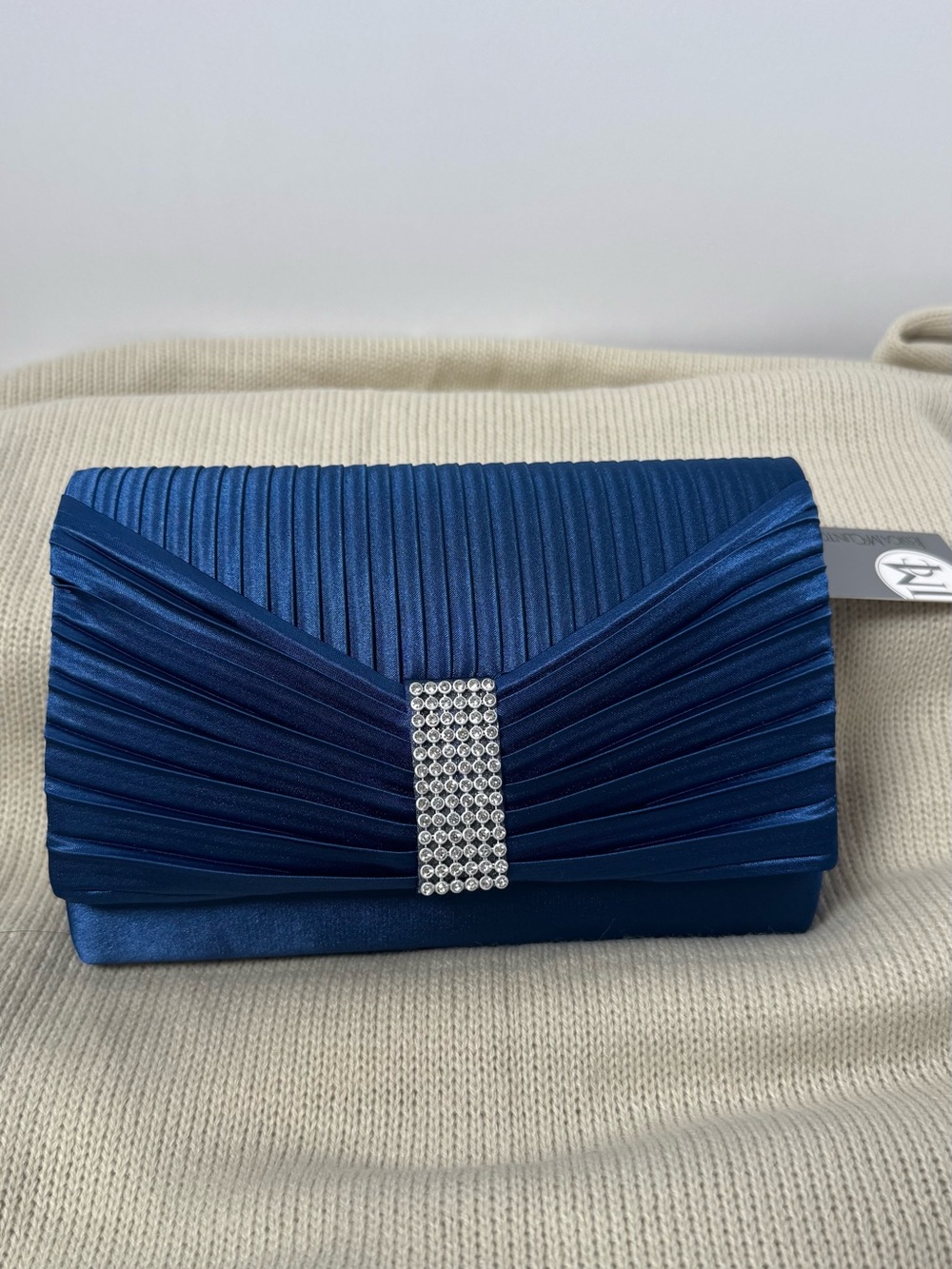 Jessica McClintock Elegant Navy Blue Satin Evening Clutch with Rhinestone Accent